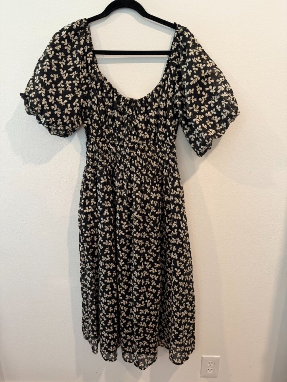 NWT $498 Tory Burch Smocked Midi Dress in Black Little Leaves M 100% cotton - Picture 5 of 6